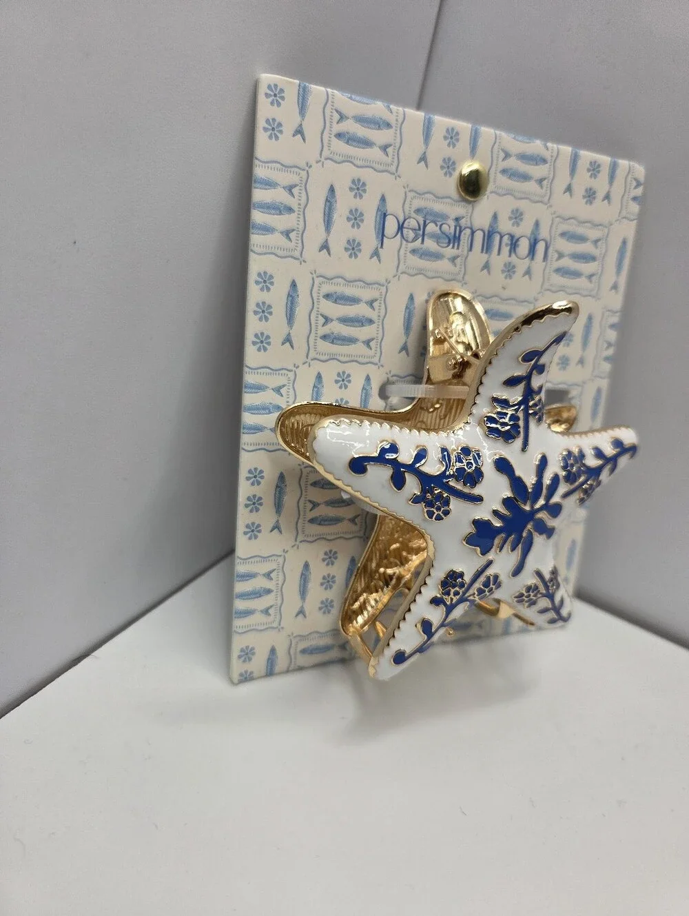 💙▪️Persimmon ▪️White & Blue Starfish Hair Metal Claw Clip with Gold Accents